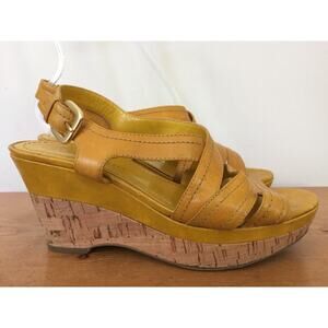 Franco Sarto Sophie Mustard Yellow Leather Cork Wedge Slingback Sandals 7 37.5